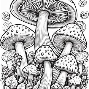 May include: A black and white line art illustration featuring a cluster of mushrooms of varying sizes. The design includes large caps with visible gills, spotted surfaces, and intricate foliage at the base, accented by small swirling circular patterns.