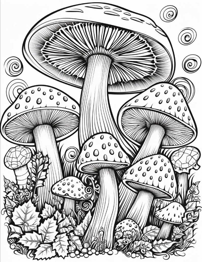 May include: A black and white line art illustration featuring a cluster of mushrooms of varying sizes. The design includes large caps with visible gills, spotted surfaces, and intricate foliage at the base, accented by small swirling circular patterns.