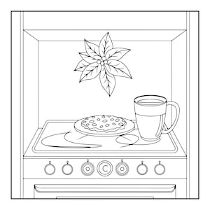 May include: A black and white line art illustration of a kitchen stove. On the stovetop sits a plate with a circular food item and a mug. Above the stove, a poinsettia flower with leaves and berries is depicted as a decorative wall element.