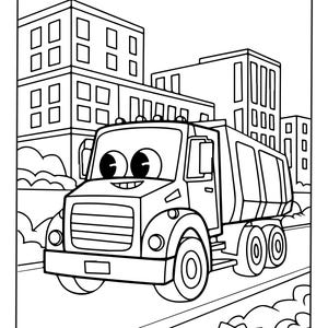 Puede incluir: Una p&aacute;gina para colorear en blanco y negro que muestra un cami&oacute;n volquete de dibujos animados con ojos grandes y expresivos y una boca sonriente conduciendo por una calle de la ciudad bordeada de edificios altos y arbustos.