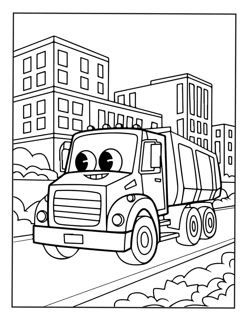 Puede incluir: Una p&aacute;gina para colorear en blanco y negro que muestra un cami&oacute;n volquete de dibujos animados con ojos grandes y expresivos y una boca sonriente conduciendo por una calle de la ciudad bordeada de edificios altos y arbustos.
