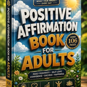 Pu&ograve; includere: Un libro con copertina rigida intitolato Positive Affirmation Book for Adults con uno sfondo di cielo blu, nuvole e sole. La copertina presenta piante verdi, fiori e testo tra cui Boost Your Mindset Every Day e Added 106 Pages.