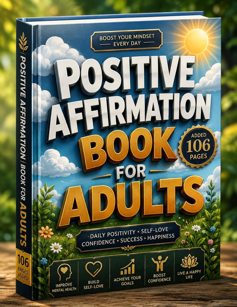Pu&ograve; includere: Un libro con copertina rigida intitolato Positive Affirmation Book for Adults con uno sfondo di cielo blu, nuvole e sole. La copertina presenta piante verdi, fiori e testo tra cui Boost Your Mindset Every Day e Added 106 Pages.