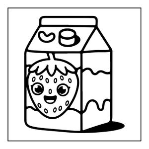 Pu&ograve; includere: Un'illustrazione in bianco e nero a tratto di un cartone di latte alla fragola. Il cartone presenta sul pannello frontale un grande personaggio a forma di fragola sorridente con occhi grandi, insieme a linee decorative ondulate e un tappo.
