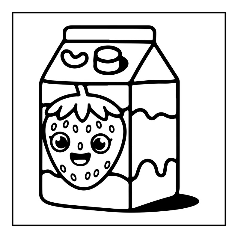 Pu&ograve; includere: Un'illustrazione in bianco e nero a tratto di un cartone di latte alla fragola. Il cartone presenta sul pannello frontale un grande personaggio a forma di fragola sorridente con occhi grandi, insieme a linee decorative ondulate e un tappo.