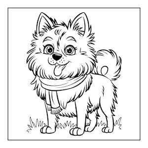 May include: A black and white line art illustration of a fluffy dog with pointed ears, large eyes, and a tongue sticking out. The dog is wearing a fringed scarf around its neck and is standing on a patch of grass within a square frame.