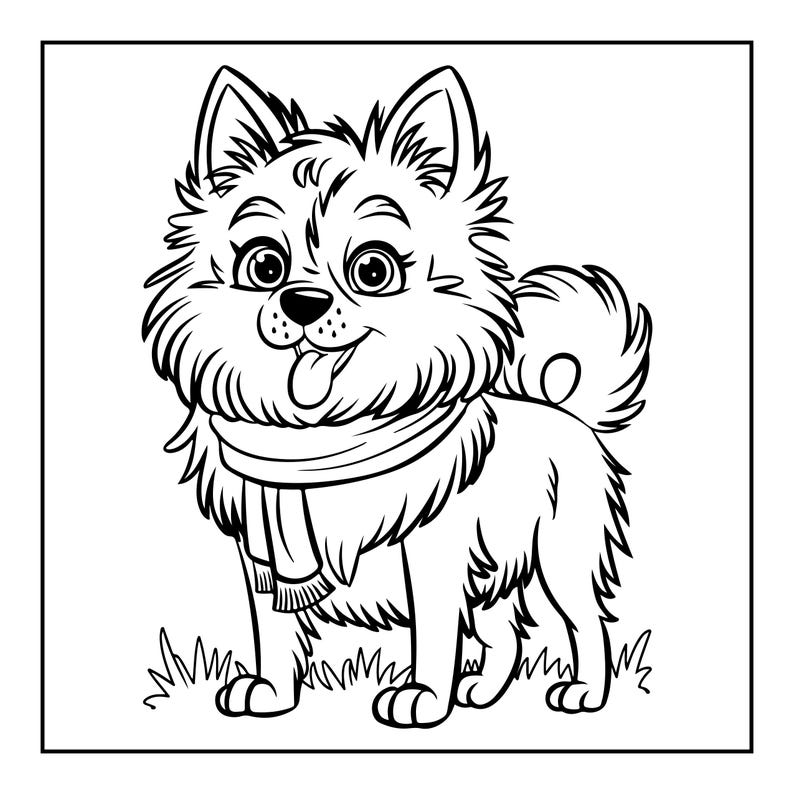 May include: A black and white line art illustration of a fluffy dog with pointed ears, large eyes, and a tongue sticking out. The dog is wearing a fringed scarf around its neck and is standing on a patch of grass within a square frame.