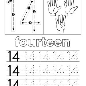May include: A black and white educational worksheet featuring the number 14 with directional arrows for tracing, three hand illustrations showing fourteen fingers, the word fourteen, and three rows of the number 14 for practice tracing.