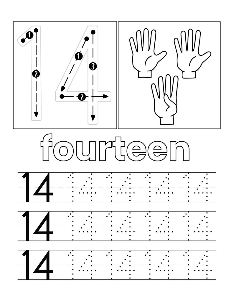 May include: A black and white educational worksheet featuring the number 14 with directional arrows for tracing, three hand illustrations showing fourteen fingers, the word fourteen, and three rows of the number 14 for practice tracing.