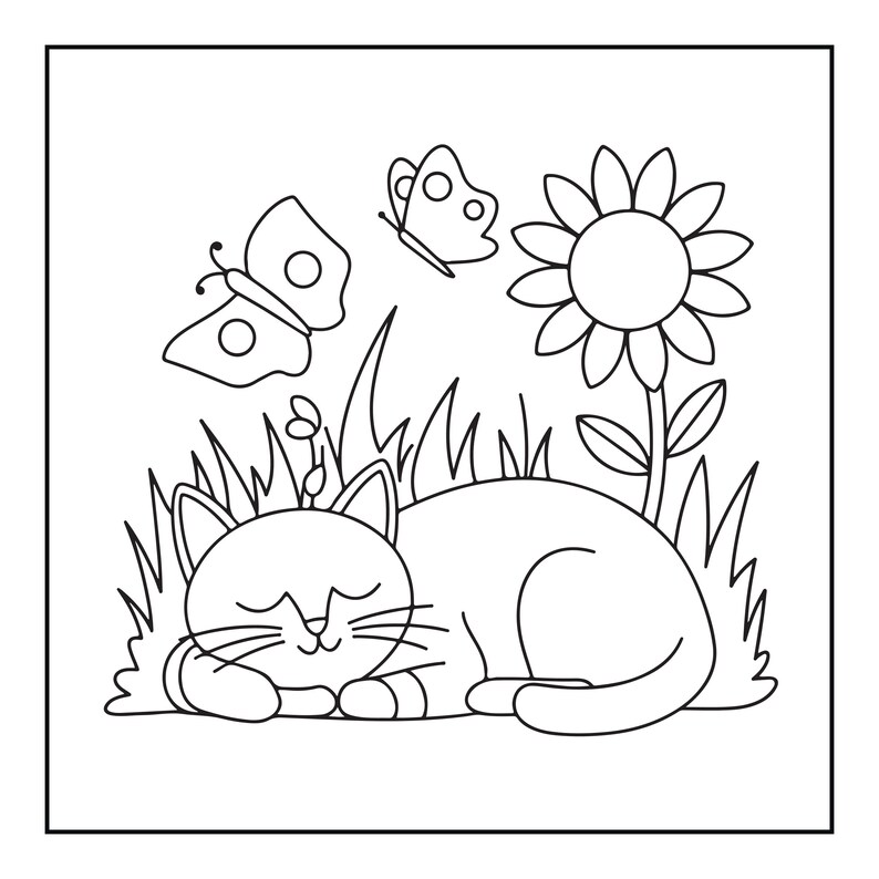 以下が含まれることがあります： 草むらで穏やかに眠る猫を描いた白黒の線画イラスト。猫の上には2匹の蝶が舞い、大きなひまわりが描かれています。この絵はシンプルな正方形の枠線の中に収められています。