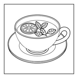 May include: A black and white line art illustration of a tea cup resting on a matching saucer. The cup is filled with liquid containing a single sliced citrus fruit and three small leaves, rendered with clean outlines and no shading or color.