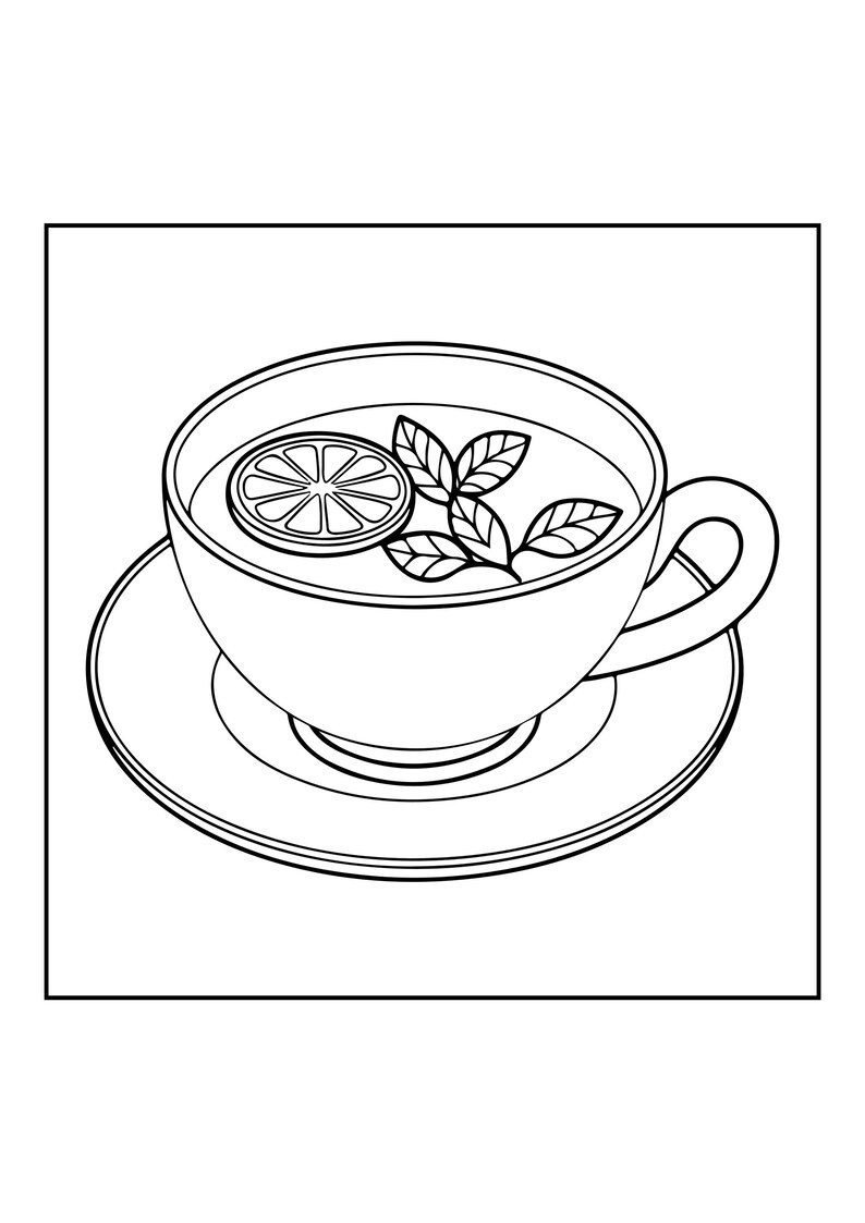 May include: A black and white line art illustration of a tea cup resting on a matching saucer. The cup is filled with liquid containing a single sliced citrus fruit and three small leaves, rendered with clean outlines and no shading or color.