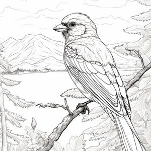K&ouml;nnte beinhalten: Eine schwarz-wei&szlig;e Strichzeichnung eines Vogels, der auf einem Ast sitzt. Der Hintergrund zeigt eine detaillierte Landschaft mit einem See, fernen Bergen und Wolken. Der Vogel ist im Profil dargestellt und weist detaillierte Federstrukturen auf.