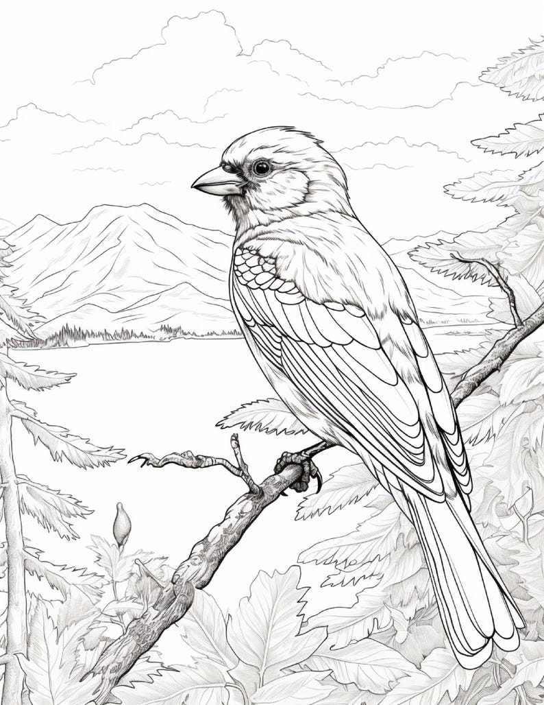 K&ouml;nnte beinhalten: Eine schwarz-wei&szlig;e Strichzeichnung eines Vogels, der auf einem Ast sitzt. Der Hintergrund zeigt eine detaillierte Landschaft mit einem See, fernen Bergen und Wolken. Der Vogel ist im Profil dargestellt und weist detaillierte Federstrukturen auf.