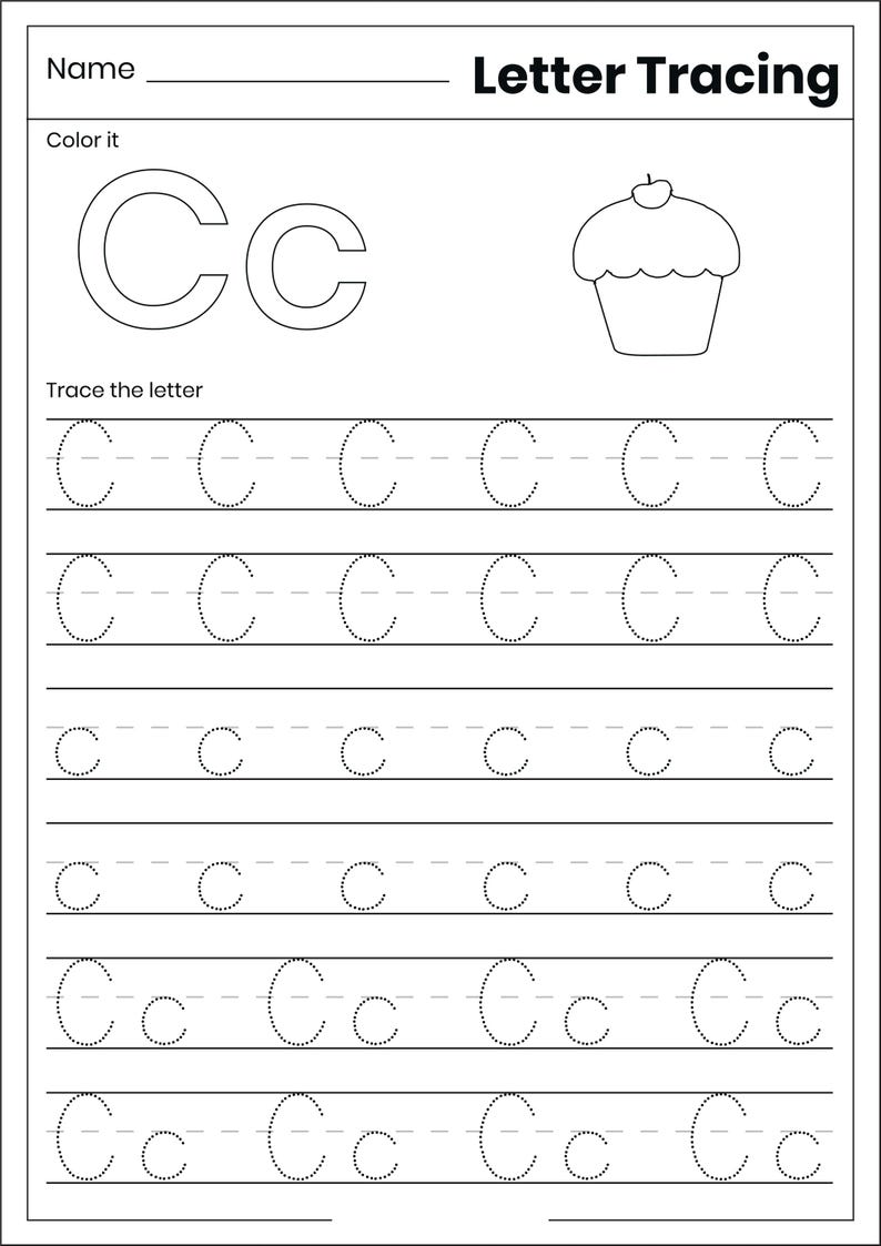 May include: A black and white educational worksheet titled Letter Tracing featuring the letter Cc in uppercase and lowercase. The page includes a line for a name, a cupcake illustration, and multiple rows of dotted lines for tracing the letter C.