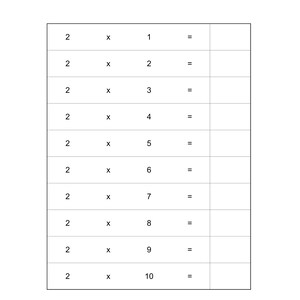 Peut inclure: Une feuille de travail &eacute;ducative blanche intitul&eacute;e Math Tables pr&eacute;sentant une table de multiplication pour le chiffre deux. Le document affiche dix lignes d'&eacute;quations allant de 2 x 1 = &agrave; 2 x 10 =, avec des cases rectangulaires vides pour les r&eacute;ponses.