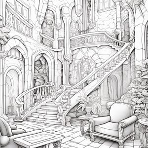 Puede incluir: Una ilustraci&oacute;n de arte lineal en blanco y negro de un espacio interior que presenta una gran escalera de piedra con barandillas ornamentadas, puertas arqueadas, paredes de piedra, dos sillones tapizados y mesas con plantas sobre un suelo de baldosas.