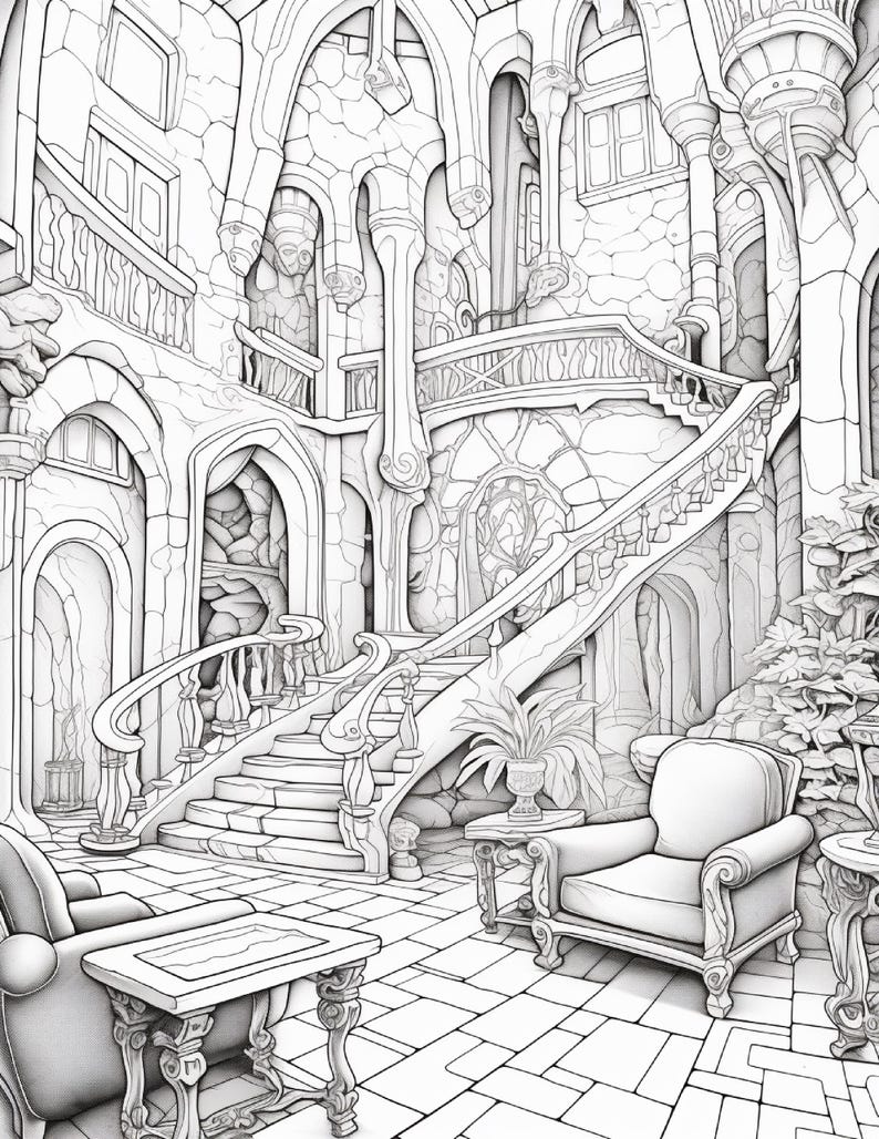 Puede incluir: Una ilustraci&oacute;n de arte lineal en blanco y negro de un espacio interior que presenta una gran escalera de piedra con barandillas ornamentadas, puertas arqueadas, paredes de piedra, dos sillones tapizados y mesas con plantas sobre un suelo de baldosas.