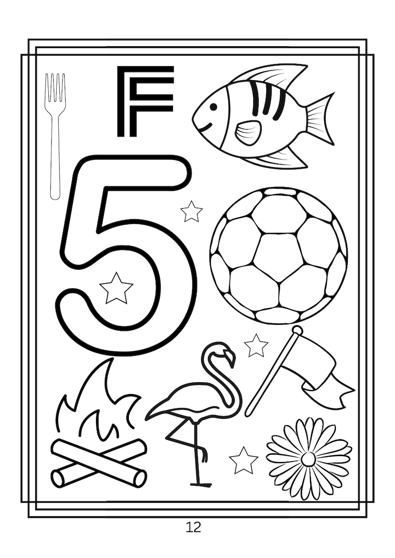 Puede incluir: Una p&aacute;gina para colorear en blanco y negro con el n&uacute;mero 5, la letra F, un tenedor, un pez, un bal&oacute;n de f&uacute;tbol, una fogata, un flamenco, una bandera, una flor y varias estrellas. El n&uacute;mero 12 est&aacute; impreso en la parte inferior central.