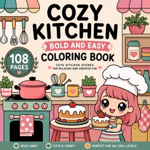 Cozy Kitchen Coloring Book | 108 Bold Easy Pages (Digital PDF) Bild 1