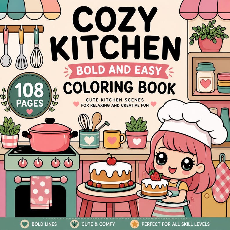 Cozy Kitchen Coloring Book | 108 Bold Easy Pages (Digital PDF) Bild 1