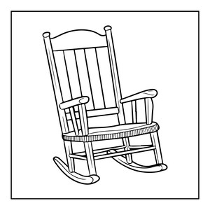 Peut inclure: Un dessin au trait noir et blanc repr&eacute;sentant une chaise &agrave; bascule en bois. La chaise pr&eacute;sente un dossier haut avec quatre lattes verticales, des accoudoirs incurv&eacute;s, une assise plate et deux patins incurv&eacute;s &agrave; la base, le tout en style &eacute;pur&eacute;.