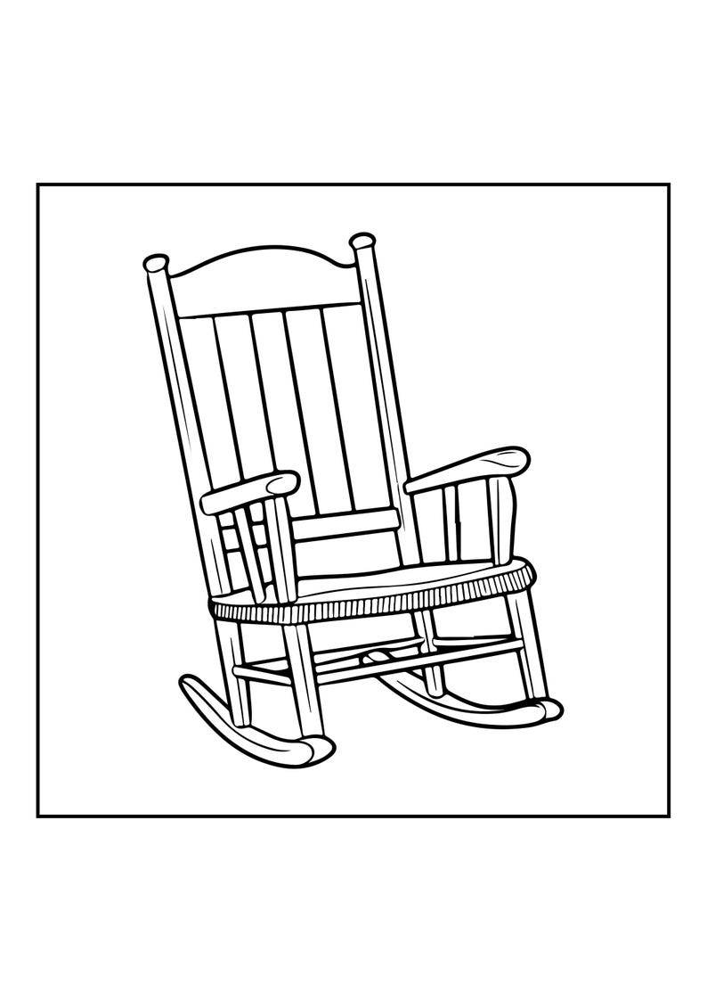 Peut inclure: Un dessin au trait noir et blanc repr&eacute;sentant une chaise &agrave; bascule en bois. La chaise pr&eacute;sente un dossier haut avec quatre lattes verticales, des accoudoirs incurv&eacute;s, une assise plate et deux patins incurv&eacute;s &agrave; la base, le tout en style &eacute;pur&eacute;.