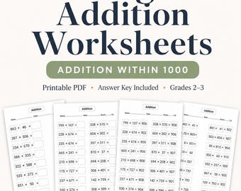 3 Digit Addition Worksheets | Math Drills for Grades 2-3 (Digital PDF)