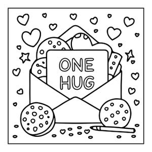Pode incluir: Uma ilustra&ccedil;&atilde;o de arte linear a preto e branco de um envelope aberto contendo um cart&atilde;o retangular com o texto ONE HUG impresso no centro. O envelope est&aacute; rodeado por v&aacute;rias formas de cora&ccedil;&otilde;es, estrelas, duas bolachas redondas e um l&aacute;pis.