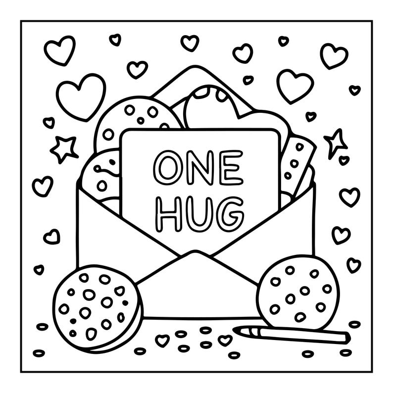 Pode incluir: Uma ilustra&ccedil;&atilde;o de arte linear a preto e branco de um envelope aberto contendo um cart&atilde;o retangular com o texto ONE HUG impresso no centro. O envelope est&aacute; rodeado por v&aacute;rias formas de cora&ccedil;&otilde;es, estrelas, duas bolachas redondas e um l&aacute;pis.