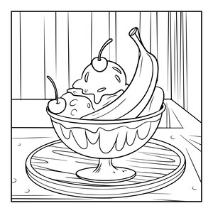 Pu&ograve; includere: Un'illustrazione in bianco e nero a tratto di una banana split in una coppa di vetro con piedistallo. Il dessert presenta palline di gelato guarnite con due ciliegie e una banana intera. La coppa poggia su un piattino circolare con linee.