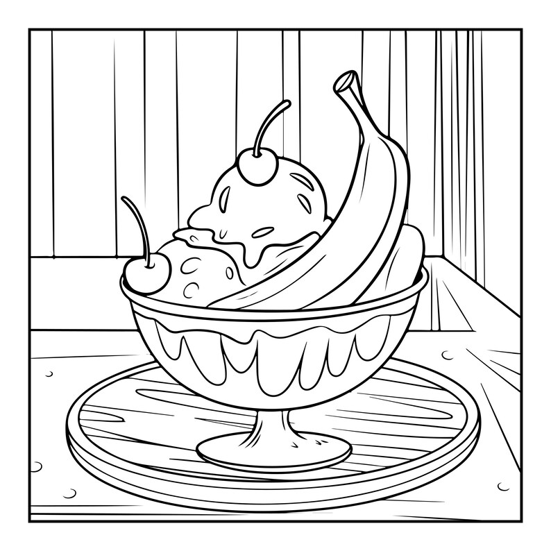 Pu&ograve; includere: Un'illustrazione in bianco e nero a tratto di una banana split in una coppa di vetro con piedistallo. Il dessert presenta palline di gelato guarnite con due ciliegie e una banana intera. La coppa poggia su un piattino circolare con linee.