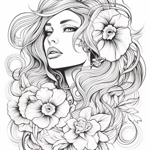 May include: A black and white line art illustration featuring a person with long, flowing, wavy hair adorned with large, detailed flowers. The portrait focuses on the face, showcasing defined facial features, and intricate floral patterns.
