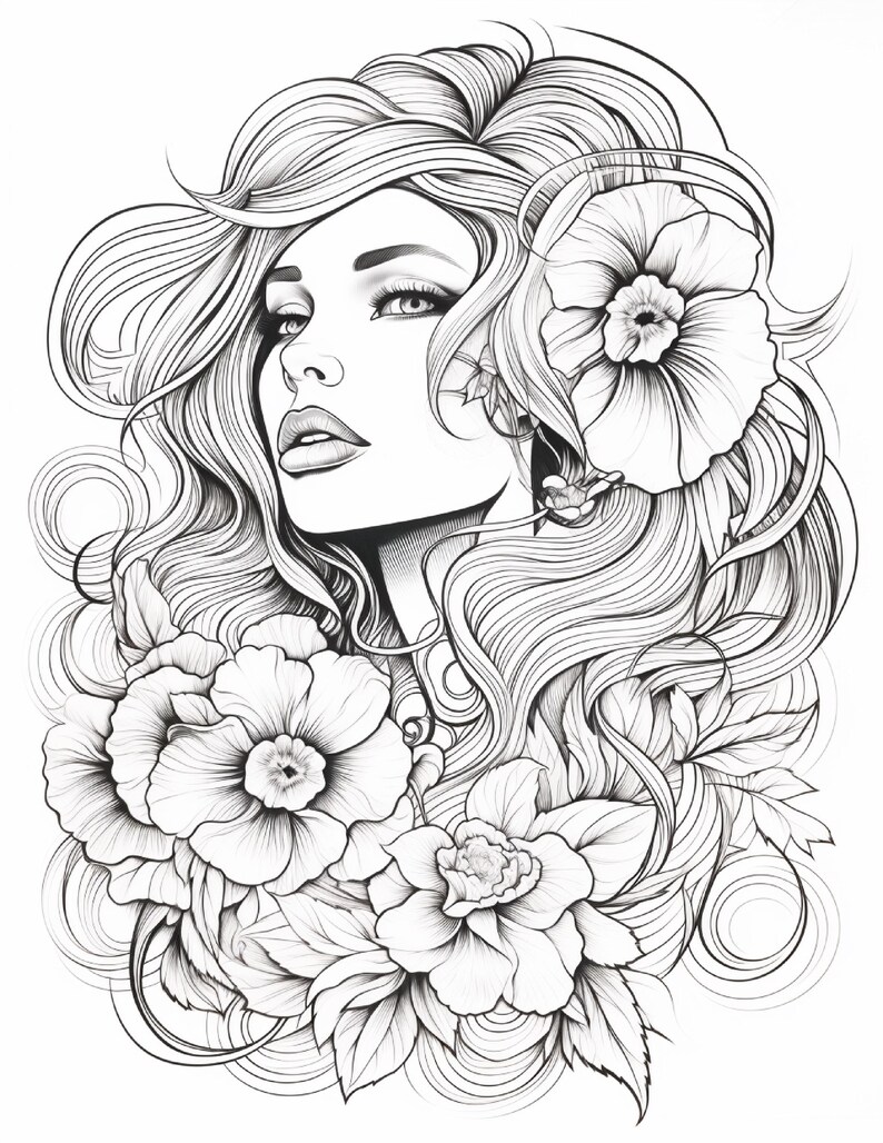 May include: A black and white line art illustration featuring a person with long, flowing, wavy hair adorned with large, detailed flowers. The portrait focuses on the face, showcasing defined facial features, and intricate floral patterns.