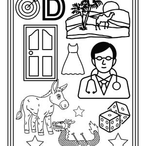Puede incluir: Una p&aacute;gina para colorear en blanco y negro con la letra D, una diana, un paisaje des&eacute;rtico con un camello, una puerta, un vestido, un m&eacute;dico con estetoscopio, un burro, un drag&oacute;n, dos dados y tres estrellas, con el n&uacute;mero 8 en la parte inferior.