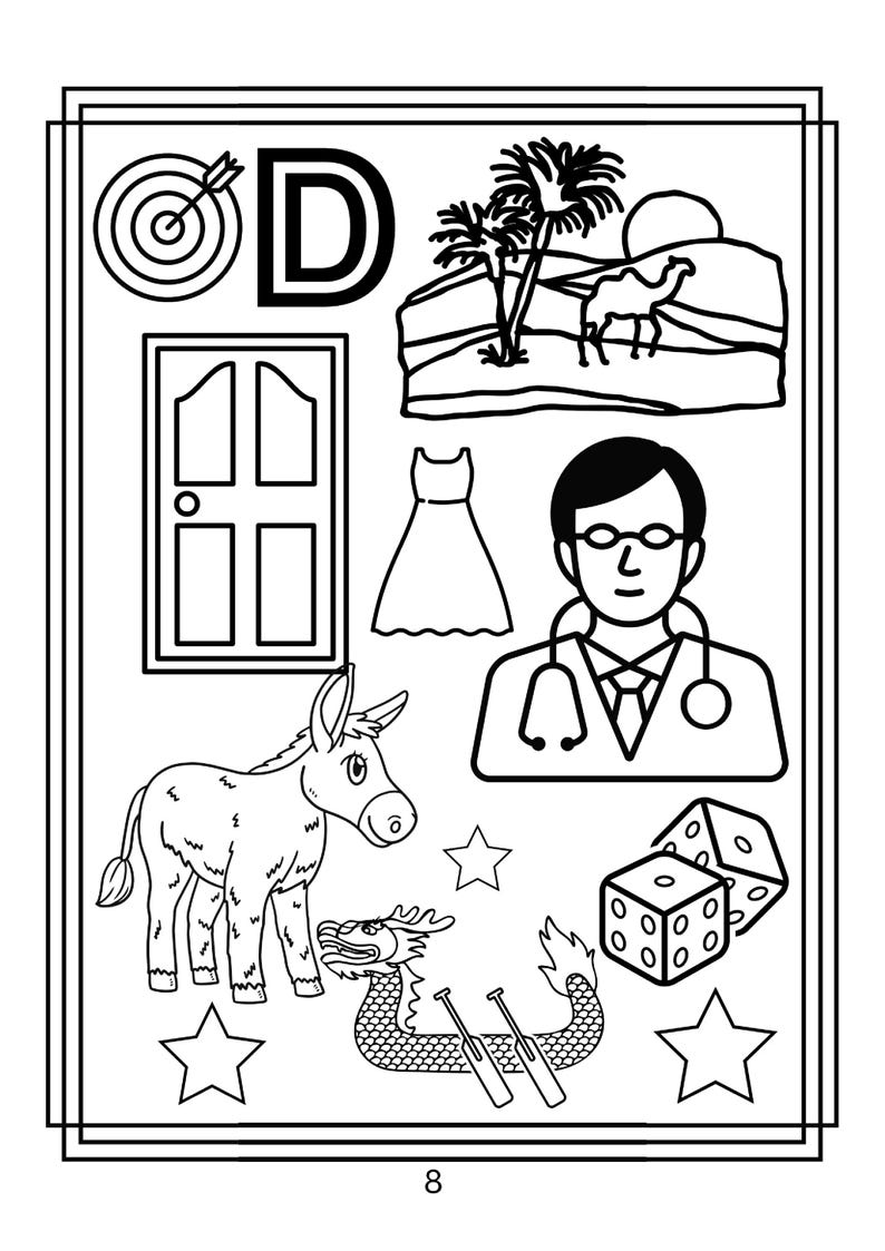 Puede incluir: Una p&aacute;gina para colorear en blanco y negro con la letra D, una diana, un paisaje des&eacute;rtico con un camello, una puerta, un vestido, un m&eacute;dico con estetoscopio, un burro, un drag&oacute;n, dos dados y tres estrellas, con el n&uacute;mero 8 en la parte inferior.