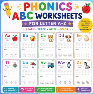 Peut inclure: Fiches d'exercices phoniques ABC pour les lettres A &agrave; Z avec des illustrations color&eacute;es et des exercices de tra&ccedil;age. Les feuilles &eacute;ducatives incluent des sections pour apprendre, tracer, &eacute;crire et colorier les lettres avec des objets correspondants comme une pomme, un ballon, un chat, un chien, un &oelig;uf, une toupie, un parapluie, une camionnette, une montre et un z&egrave;bre.