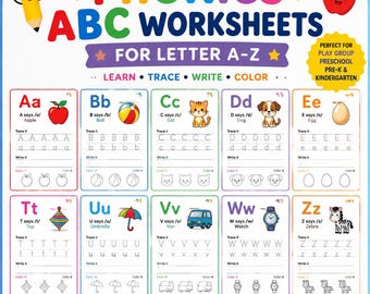 Phonics 52 ABC Worksheets: Letter A-Z Learning, Tracing, Writing (Digital Download)