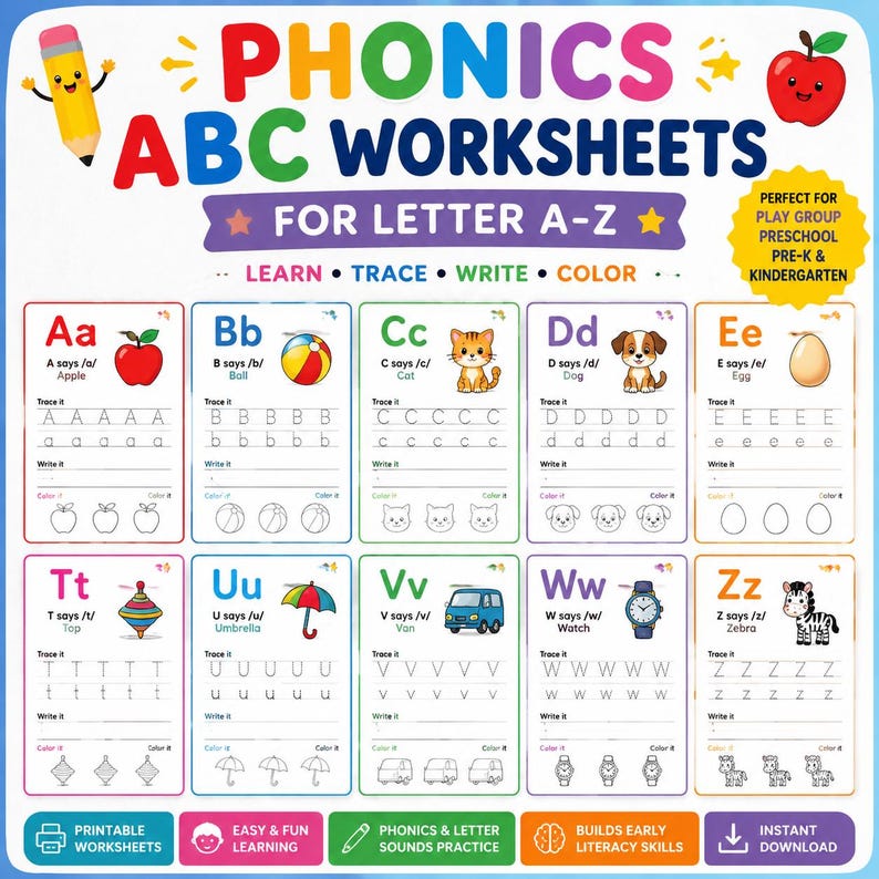 Peut inclure: Fiches d'exercices phoniques ABC pour les lettres A &agrave; Z avec des illustrations color&eacute;es et des exercices de tra&ccedil;age. Les feuilles &eacute;ducatives incluent des sections pour apprendre, tracer, &eacute;crire et colorier les lettres avec des objets correspondants comme une pomme, un ballon, un chat, un chien, un &oelig;uf, une toupie, un parapluie, une camionnette, une montre et un z&egrave;bre.