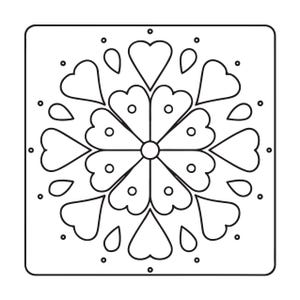 May include: A square coloring page featuring a symmetrical mandala design composed of black outlines on a white background. The pattern consists of a central circle surrounded by eight heart-shaped petals, interspersed with smaller teardrop shapes and dots.