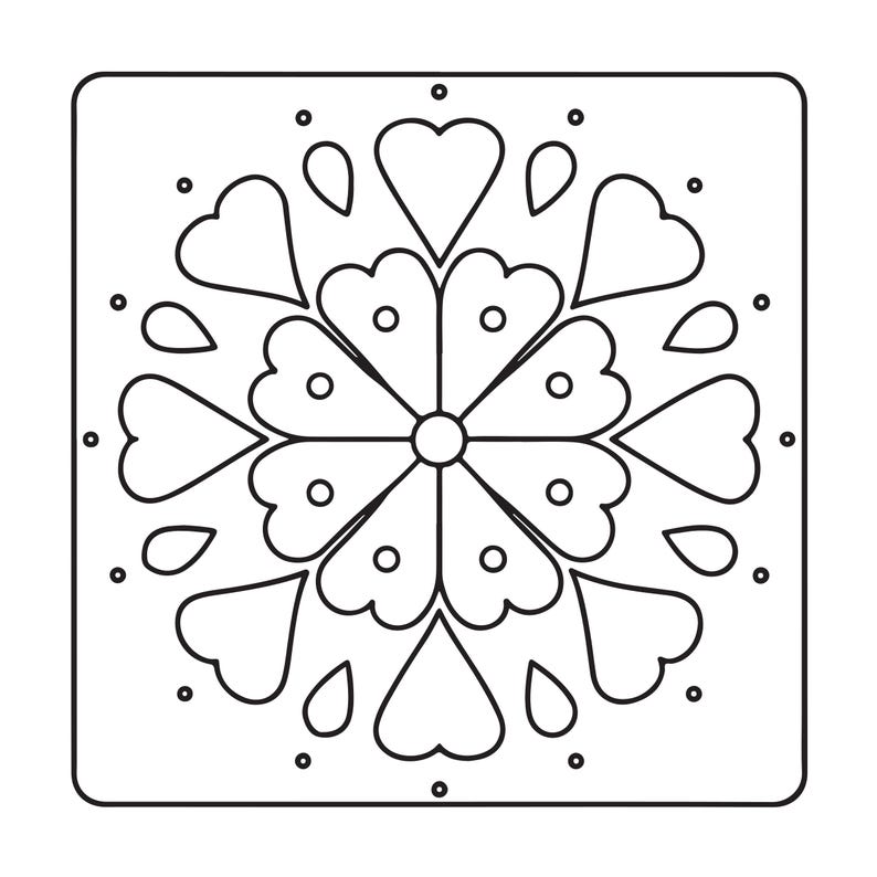 May include: A square coloring page featuring a symmetrical mandala design composed of black outlines on a white background. The pattern consists of a central circle surrounded by eight heart-shaped petals, interspersed with smaller teardrop shapes and dots.