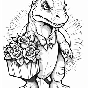 Pu&ograve; includere: Un'illustrazione in bianco e nero a tratto di un dinosauro dei cartoni animati che indossa un papillon. Il dinosauro &egrave; in piedi e tiene una scatola rettangolare riempita con tre grandi rose dettagliate con foglie, su uno sfondo circolare.