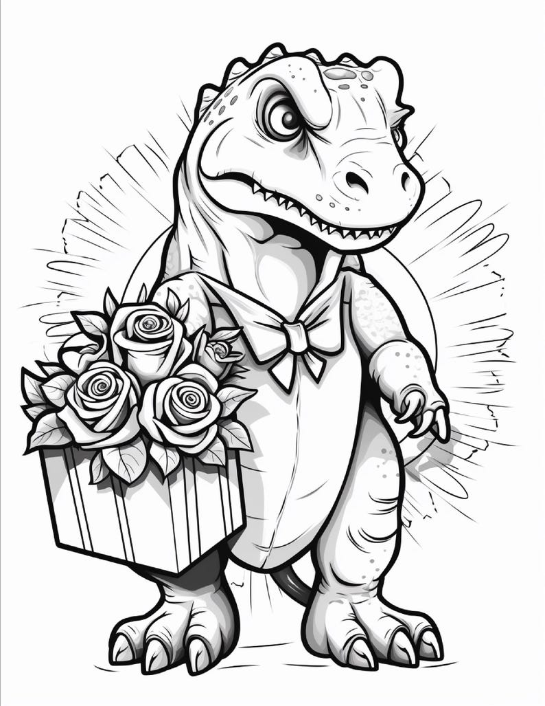 Pu&ograve; includere: Un'illustrazione in bianco e nero a tratto di un dinosauro dei cartoni animati che indossa un papillon. Il dinosauro &egrave; in piedi e tiene una scatola rettangolare riempita con tre grandi rose dettagliate con foglie, su uno sfondo circolare.