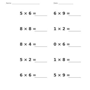 May include: A white educational worksheet titled Multiplication &bull; Single Digit with a grey header. It features ten maths problems with blank lines for answers, including 5x6, 6x9, 8x8, 1x2, 8x4, 0x6, 5x2, 1x8, 6x6, and 5x9. Includes Name and Date fields.
