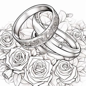 A coloring page of two ornate wedding bands resting on a bed of roses and leaves.