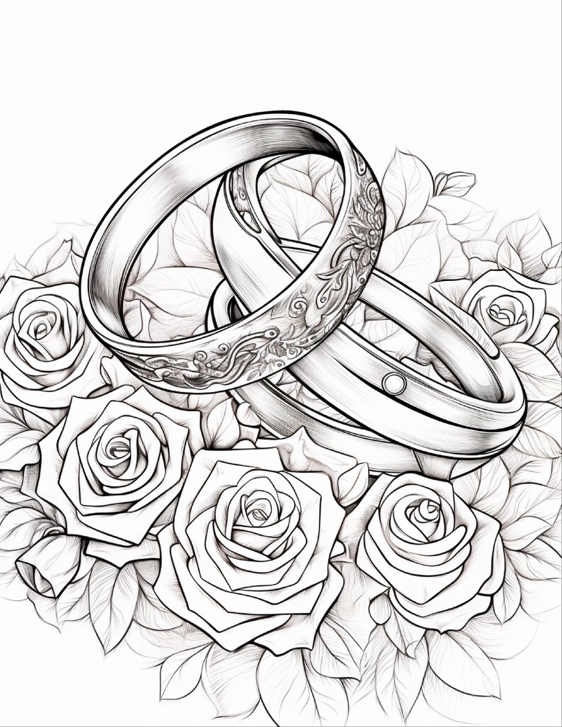 A coloring page of two ornate wedding bands resting on a bed of roses and leaves.