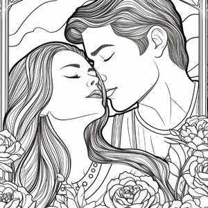 May include: A black and white line art illustration featuring a couple with closed eyes leaning toward each other, surrounded by numerous blooming roses. The scene is framed by a rectangular border with stylized tree branches in the background.