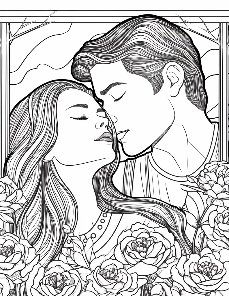 May include: A black and white line art illustration featuring a couple with closed eyes leaning toward each other, surrounded by numerous blooming roses. The scene is framed by a rectangular border with stylized tree branches in the background.