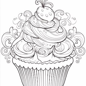 A black and white line art drawing of a cupcake with a large swirl of frosting, topped with a strawberry and decorative flourishes.