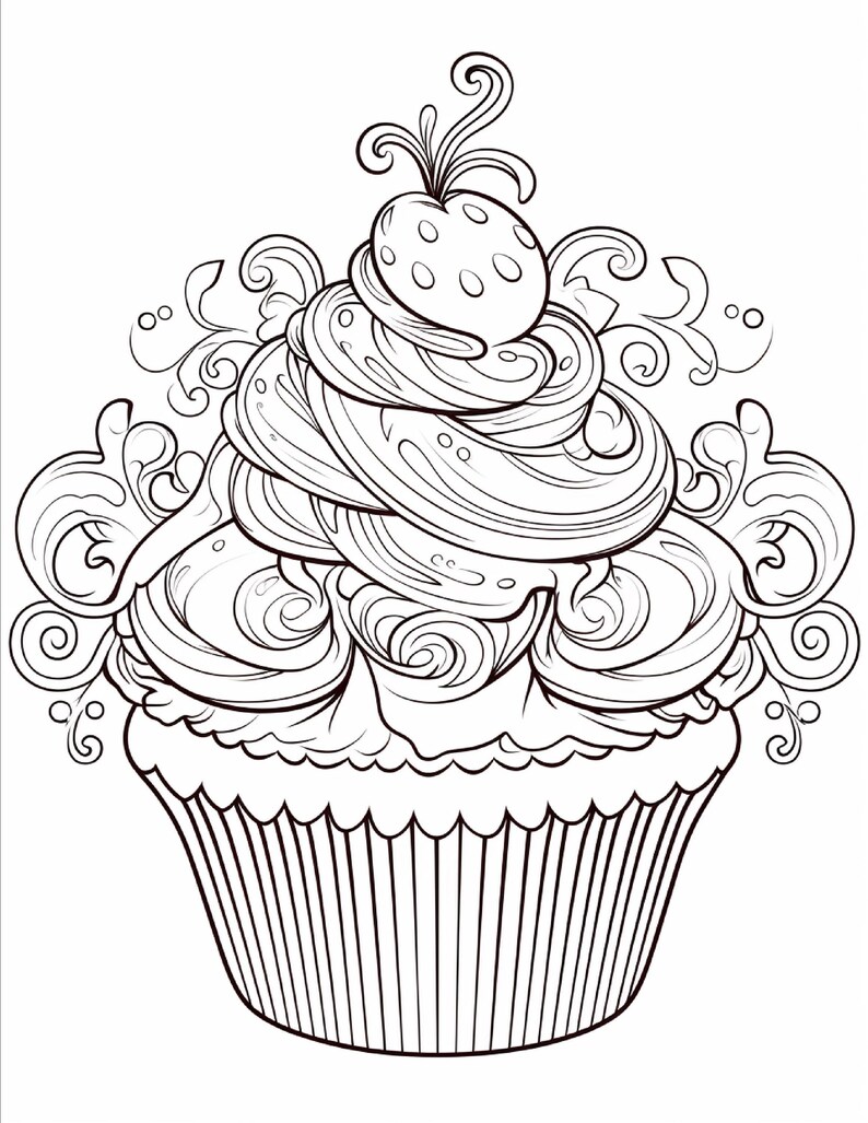 A black and white line art drawing of a cupcake with a large swirl of frosting, topped with a strawberry and decorative flourishes.